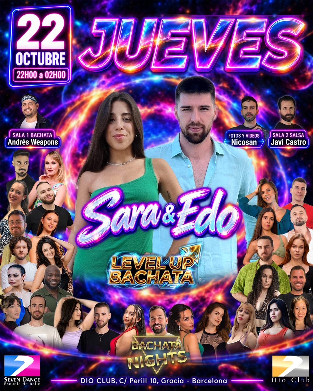 Ej jueves 22 de octubre, bailamos en Dio Club. Taller de bachata con Sara & Edo. Sala 1 bachata con Andrés Weapons y sala 2 salsa con Javier Castro.