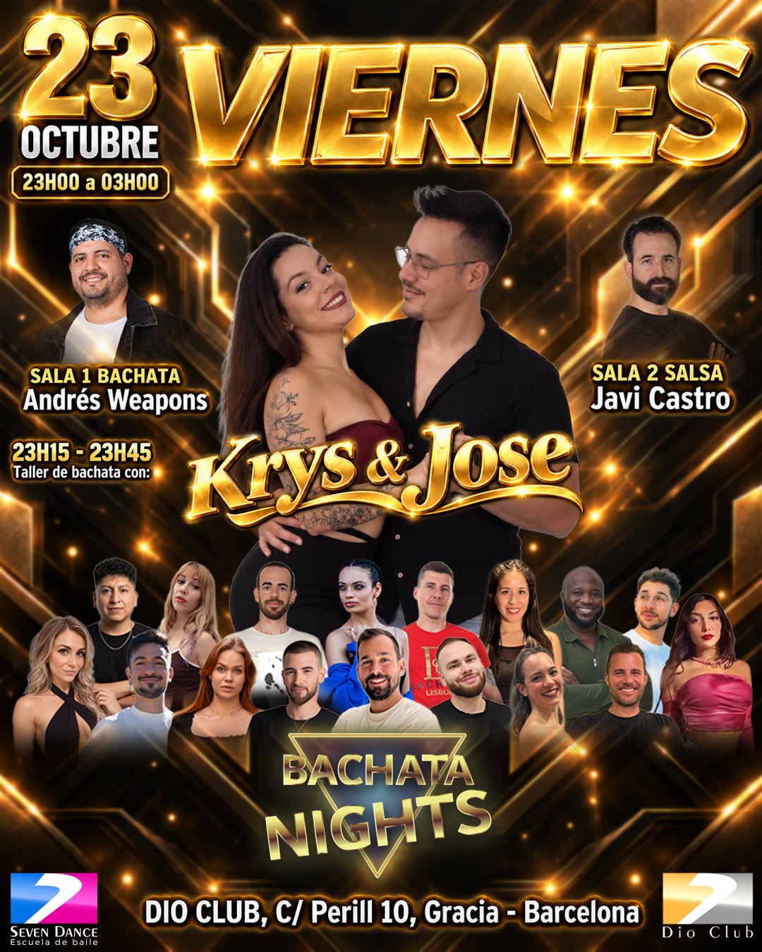 Viernes 23 de octubre taller de bachata con Krys & Jose. En sala 1 bachata con Andrés Weapons y en sala 2 salsa con Javi Castro