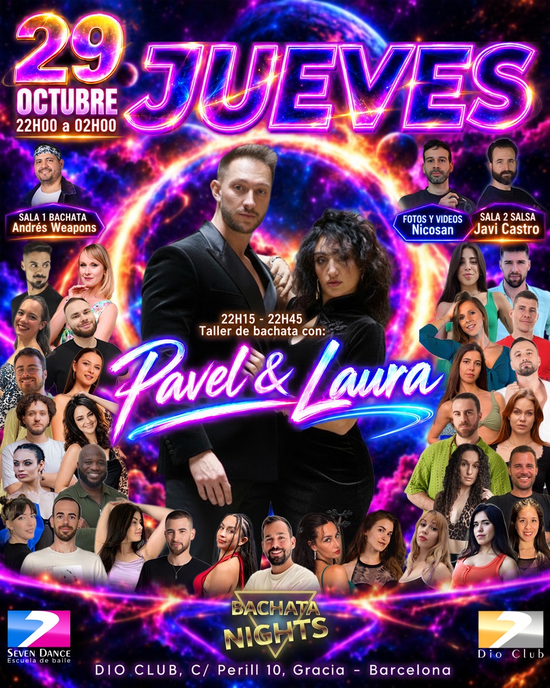 El Jueves 29 de octubre en Dio Club Barcelona con taller de bachata de la mano de Pavel & Laura. Sala de  bachata con Andrés Weapons y sala de salsa con Javi Castro.