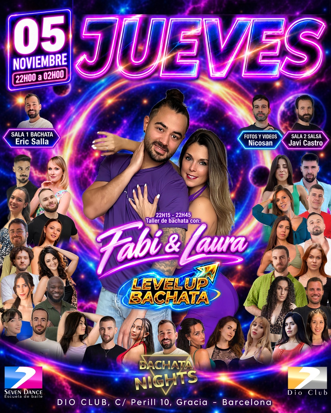 Taller LEVEL UP BACHATA con Fabi & Laura en Dio Club Barcelona el 5 de noviembre. Bachata y Salsa con Eric Salla y Javi Castro