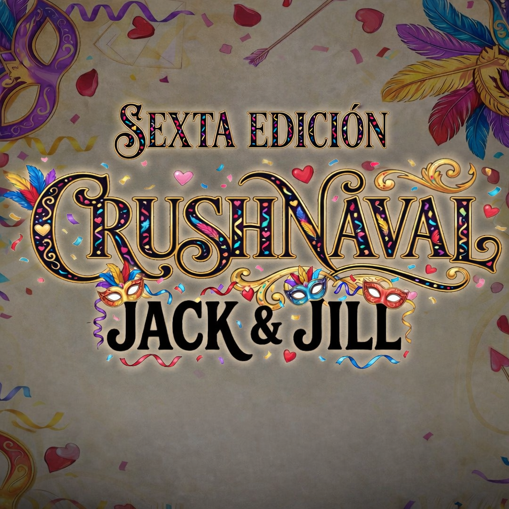 Cartel oficial de la sexta edición de CRUSHNAVAL Jack & Jill Bachata en Dio Club Barcelona, competición de bachata en formato Jack & Jill con temática Carnaval y San Valentín, el jueves 12 de febrero en Seven Dance.