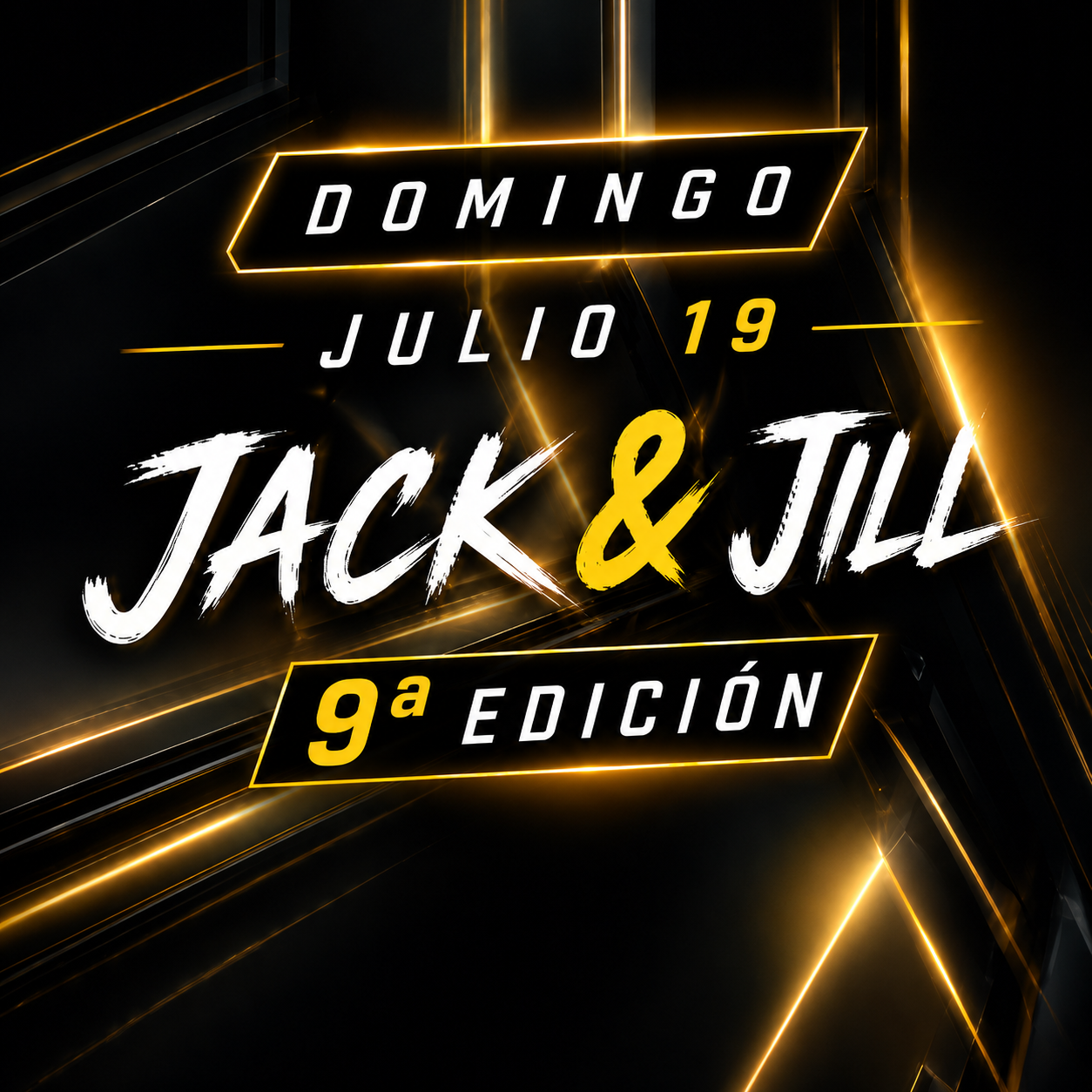 Miniatura promocional de la 9ª edición del Jack & Jill de Bachata, domingo 19 de julio, con diseño en negro y dorado y estilo moderno.